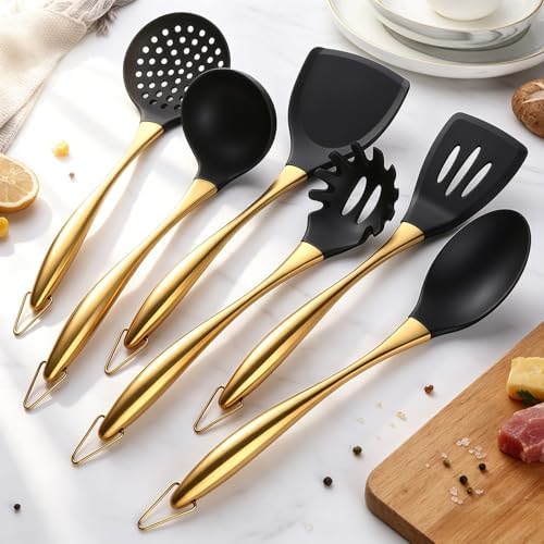 Silicone Cooking Utensils Set, 9 Pcs, Stainless Steel Handle, Gold