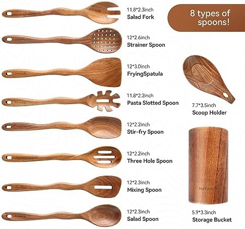Kitchen 10PCS Teak Wooden Utensils Set With Holder and Spoon Rest