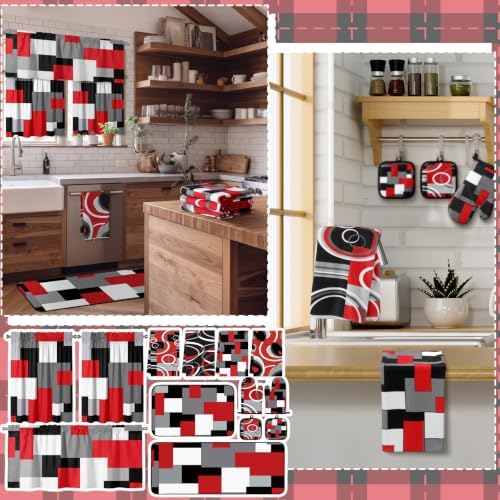 13 Pcs Red and Black Plaid Kitchen Decor Set Accessories for Home