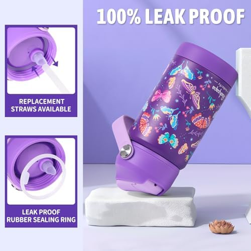 rockpapa 14oz Kids Stainless Steel Water Bottle with Straws, Butterfly