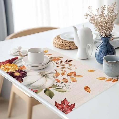 Pumpkin Maple Leaf Fall Placemats Set of 6, Cotton Linen Thanksgiving