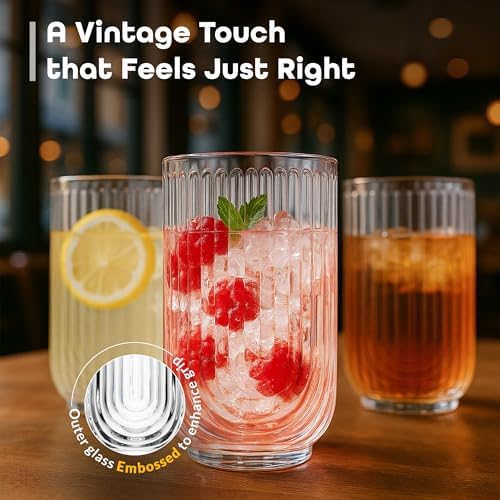 Glaver's Drinking Glasses Set of 8. 17oz Vintage Drinking Cups. Ripple