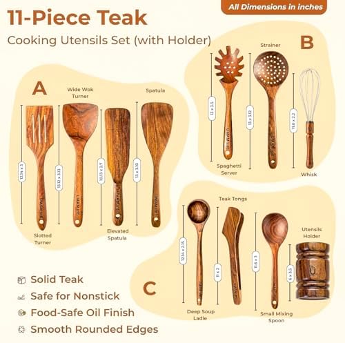 11-Piece Teak Wooden Utensil Set with Holder