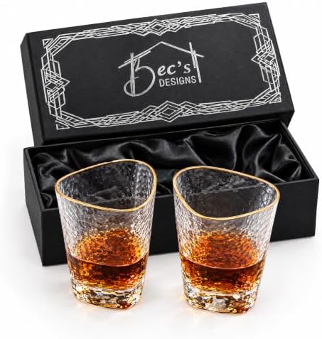 Whiskey Glasses Gift Set of 2, 12 oz Gold Rim Hammered Triangle