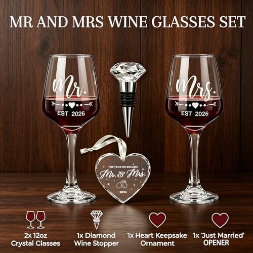 DHQH Mr and Mrs Wine Glasses Gift Set, Engagement Wedding Gifts for
