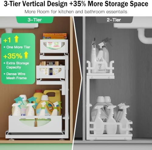 Under Sink Organizer, 2-Pack 3-Tier Pull Out Cabinet Organizers and Storage