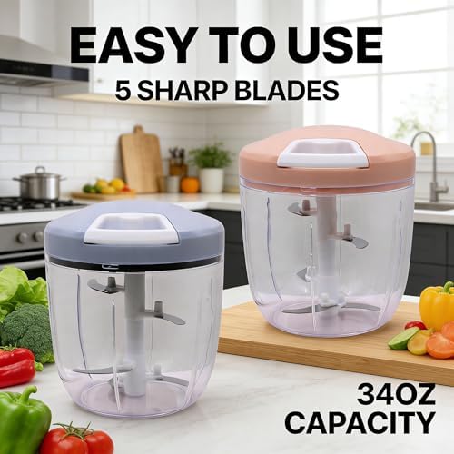 34oz Manual Food Chopper, 5-Blade Hand Pull String Vegetable Chopper &