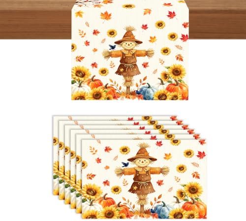 Fall Scarecrow Table Runner & Place Mats Set of 6, 70 in
