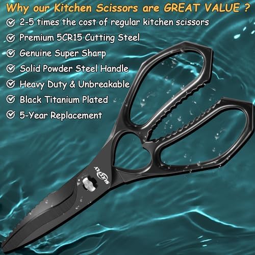 SUCCFLY Heavy Duty Kitchen Scissors for Food Titanium Plated Black