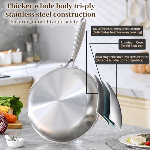 DELARLO Tri-Ply Stainless Steel Pan,18/10, 12"+Lids