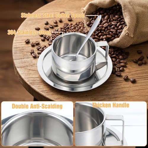 4 Pcs 6.8oz Stainless Steel Espresso Cup Set Coffee Mug with Saucer &