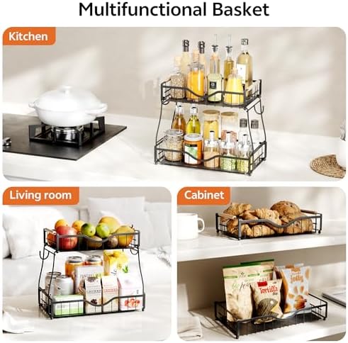 2 Tier Fruit Basket for Kitchen Countertop with 2 Banana Hangers,Detachable Metal Fruit Bowl with Wooden Handles and Protective Pads,Large Capacity Fruit and Vegetable Basket Organizer,Black