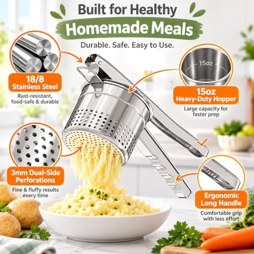 Livilord 15oz Potato Ricer, Stainless Steel, Large 3mm Press Holes