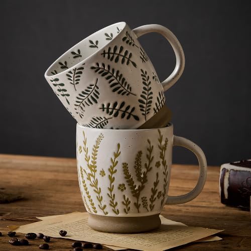 18 Oz Large Ceramic Coffee Mug Set of 2 - Rustic Handmade Floral Mugs