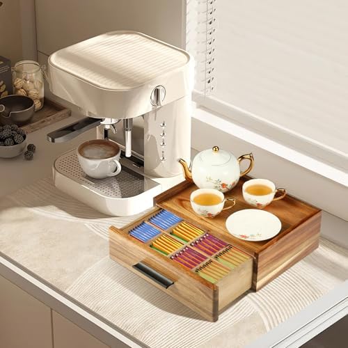 Acacia Wood Tea Bag Organizer with Drawer - 12-Compartment Tea Storage