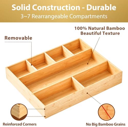 Umilife Large Bamboo Desk Drawer Organizer, Wood Office Junk Tray