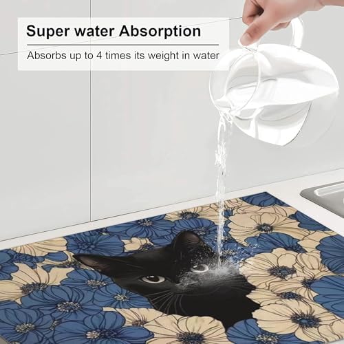 Black Cat Dish Drying Mat for Kitchen Counter Microfiber Super