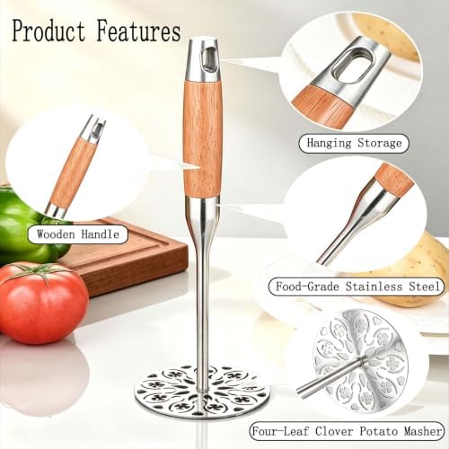 Potato Masher Stainless Steel,Wood Handle Food Smasher Kitchen Tool