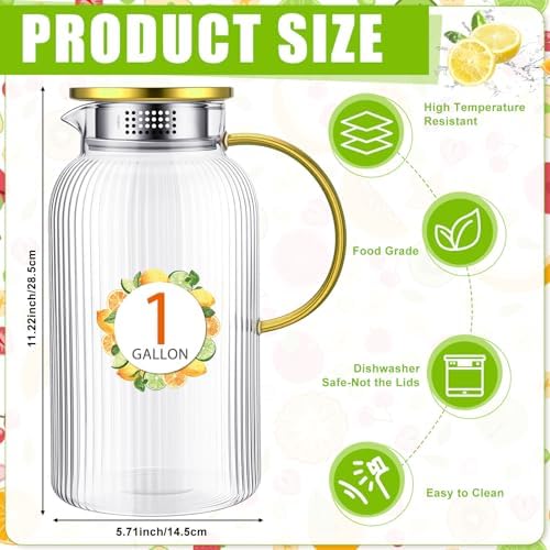 Honeydak 1 Gallon/128 oz Glass Pitcher with Lid and Handle, Heat