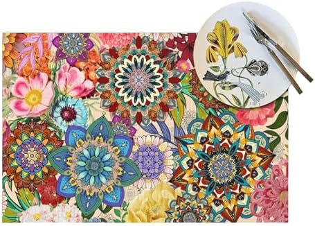 Boho Floral Placemats Set of 4, Colorful Dining Table Mats 12"x18"
