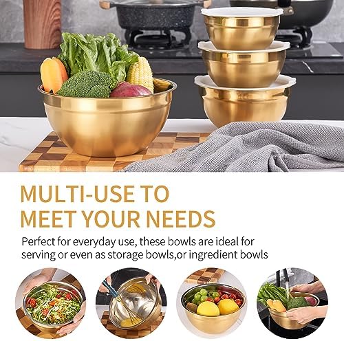 Gold Mixing Bowls with Airtight Lids, Stainless Steel Nesting Mixing