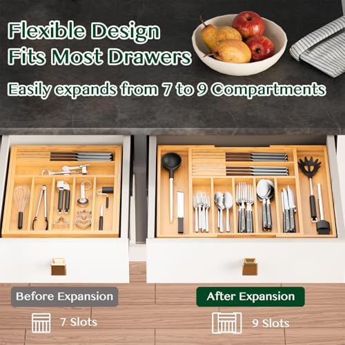 Dunruz Bamboo Expandable Drawer Organizer, 9 Slots, 13"-20"