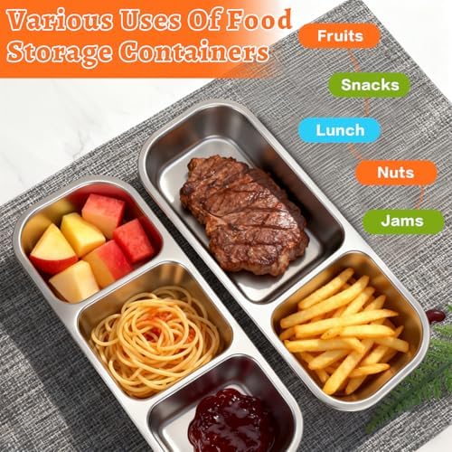 4 Pack Stainless Steel Snack Containers with Lids 3 Compartments