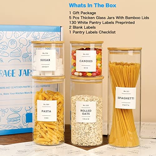 HHMJSM 5 Pcs Glass Food Storage Containers With 132 Pantry Labels