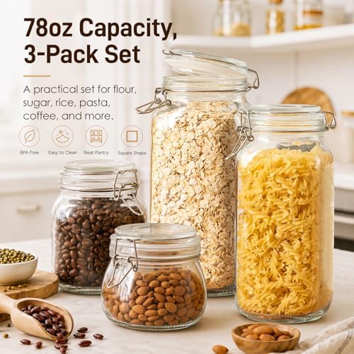GOSCHE 78oz Glass Jars with Airtight Lids, 3 Pack Square Storage