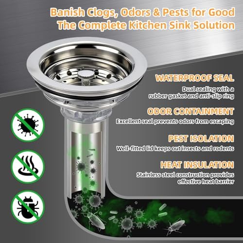 Kitchen Sink Drain Assembly, 3-1/2 Inch Basket Strainer