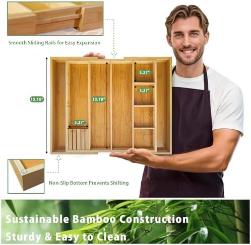 Bamboo Expandable Drawer Organizer, 15"-22" Storage Tray