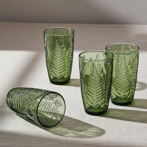 Green Drinking Glasses Set of 4, 16 oz Glass Cups, Vintage Fern