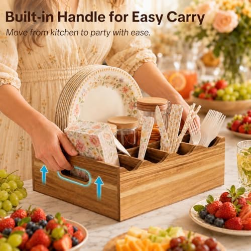 Utensil Caddy, Acacia Wood Utensil Holder for Party, 6 Compartment