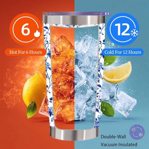 Blue and White Chinoiserie Floral Tumbler 20 oz, Peony Insulated