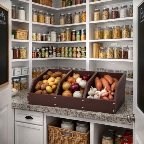 Potato Onion Storage Bin, Wooden Pantry Organizer with 3 Compartments