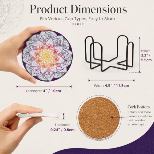 Coasters for Drinks with Holder, Absorbent Ceramic Coasters Set of 6