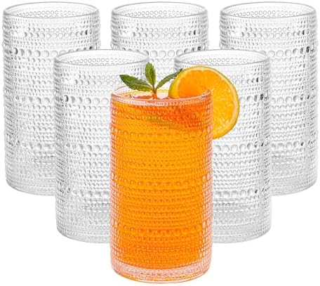Large Vintage Hobnail Drinking Glasses Set of 6, 16oz Clear Highball
