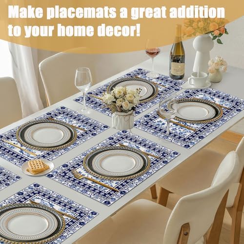 Blue White Floral Placemats Set of 6, Chinoiserie Flower Linen Place