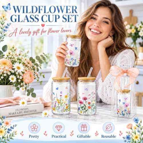 Mumufy 6 Sets Wildflower Cute Glass Cups with Lids and Straws Bulk