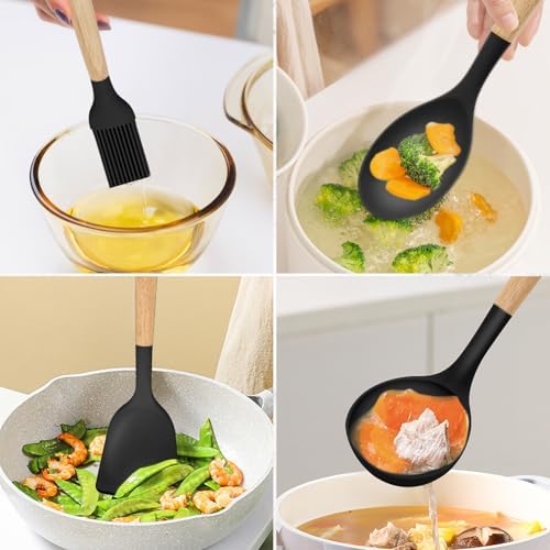 12-Piece Silicone Kitchen Utensils Set with Wooden Handle, Non-Stick &