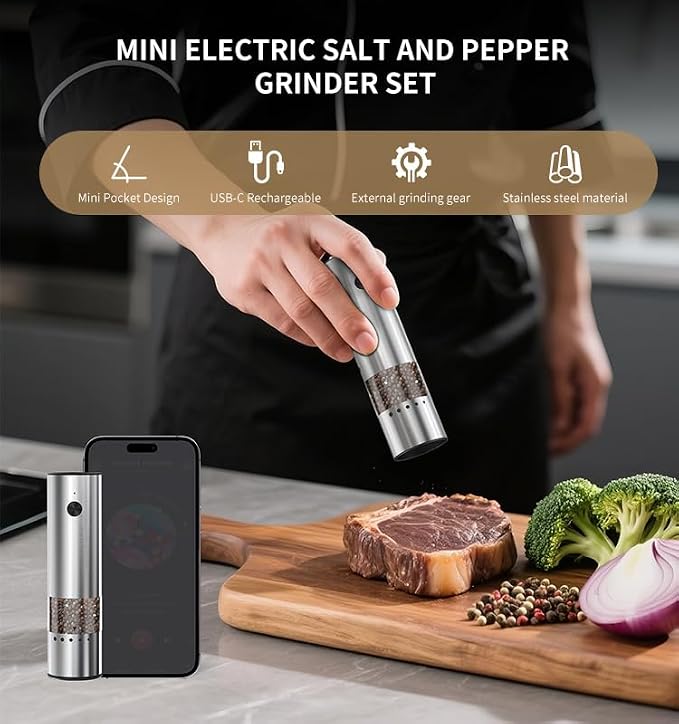 Mini Electric Salt and Pepper Grinder Stainless steel, USB Rechargeable - Image 4
