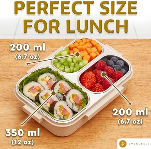 Stainless Steel Bento Box, 3 Compartments, Leakproof Clear Lid, 25 oz