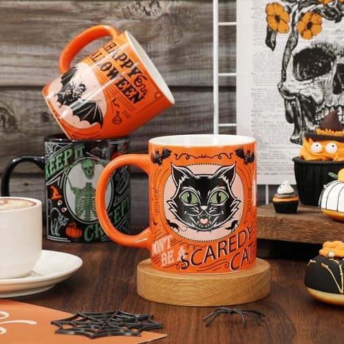 Whaline 4Pcs Halloween Mug Pumpkin Black Cat Bat Skeleton Coffee Mug
