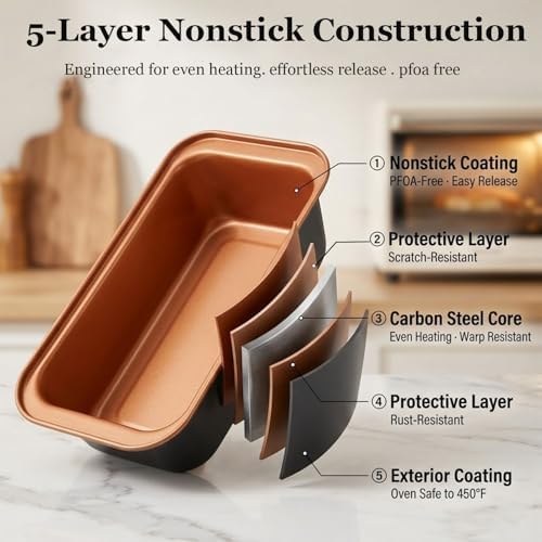 9x4 Inch Loaf Pan 3 Pack, Carbon Steel Nonstick Copper Bread Pan