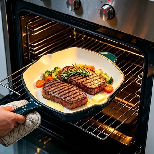 Enameled Cast Iron Steak Grill Pan, Square Skillet with Drip Spout, Oven-Safe & Stovetop Safe (Peacock Blue, 9.5 inch)