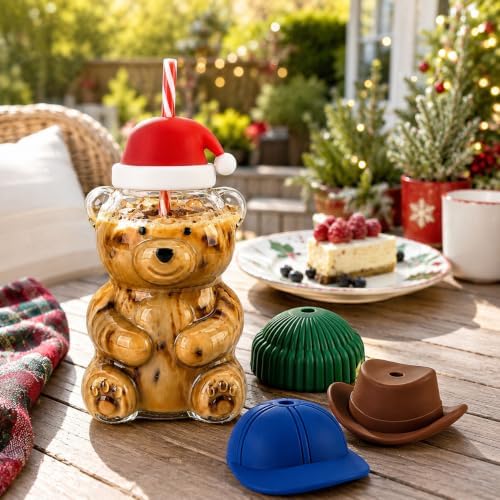 Teddy Bear Glass Cup with 4 Interchangeable Hat Lids & 4 Reusable