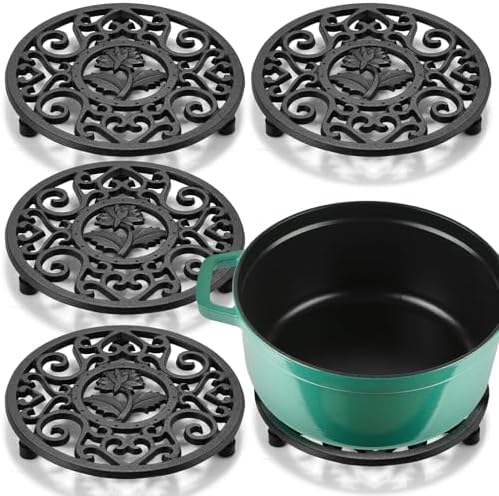 LEIFIDE 4 Pack 5.2 Inch Cast Iron Trivet Round Hot Pot Holder, Black