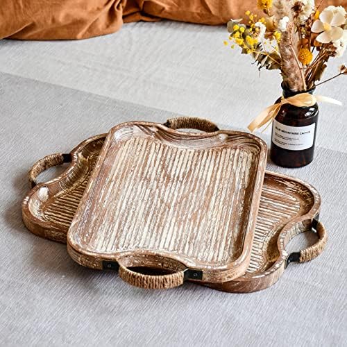 Rustic Wood Serving Tray with Metal Twine Handles Set of 2 Rectangular