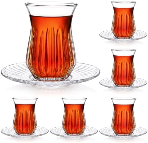 Dicunoy Set of 6 Turkish Tea Cup and Saucer, 5 Oz Clear Glass Teacup