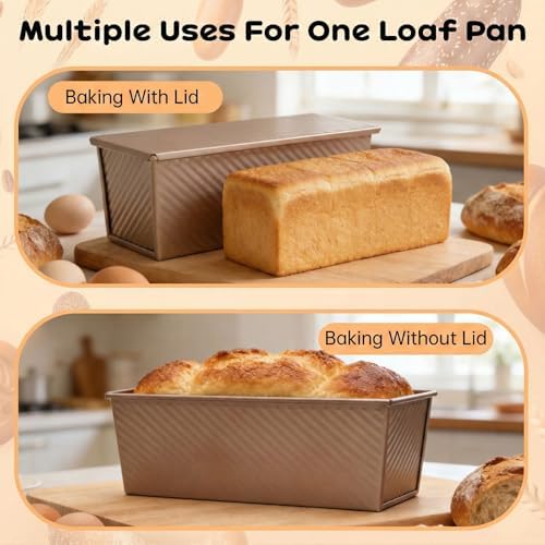 2 Pack Pullman Loaf Pan with Lid - 2.2LB Non-Stick Bread Pan, Carbon
